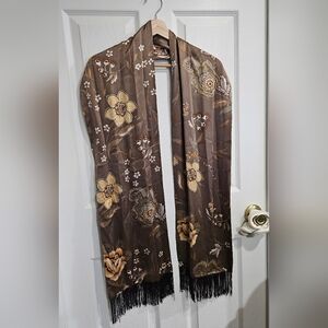 Elegant The Fur Vault Silk Scarf – Floral/Paisley Print with Fringes